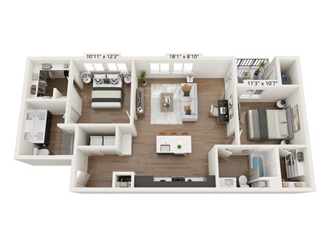 A 1011 x 1222 floor plan of a two-bedroom apartment with a living room, kitchen, and bathroom.